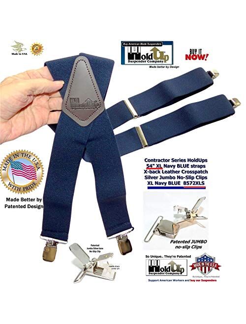 Holdup Brand Extra Long XL Navy Blue X-back work Suspenders with Patented Jumbo Silver No-slip Clips