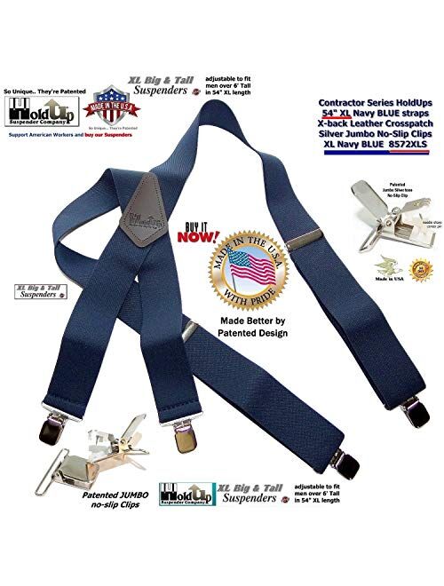 Holdup Brand Extra Long XL Navy Blue X-back work Suspenders with Patented Jumbo Silver No-slip Clips