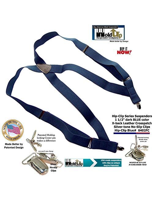 Holdup Suspender's Blue Trucker Style Hip-clip Suspenders in 1 1/2" Width and Silver-tone No-slip Clips