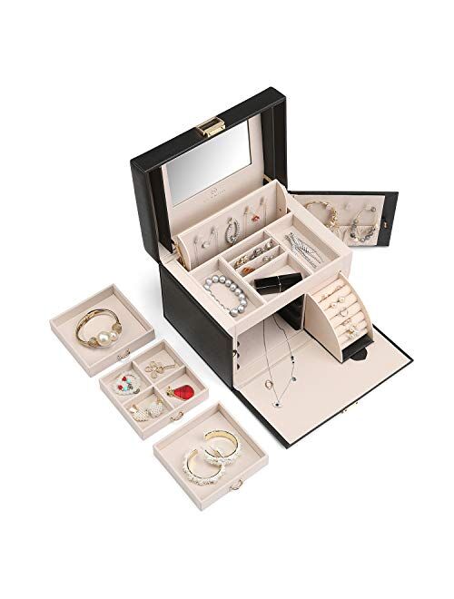 Vlando Mirrored Jewelry Box Organizer for Girls Women Vintage Gift Case - Faux Leather Jewelries Storage Display Holder, Pink
