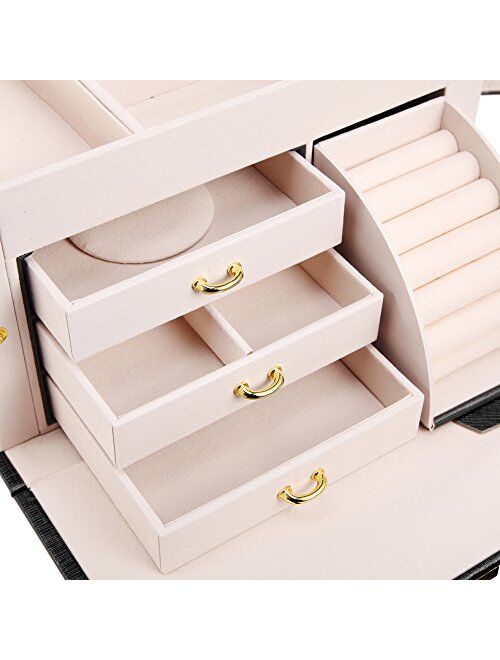 Vlando Mirrored Jewelry Box Organizer for Girls Women Vintage Gift Case - Faux Leather Jewelries Storage Display Holder, Pink