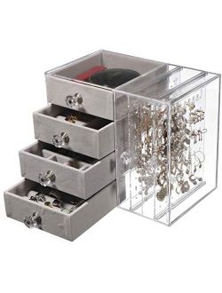 Cq acrylic Jewelry Box for Women with 4 Drawers, Hanging Velvet Jewelry Organizer for Earring Bangle Bracelet Necklace and Rings Storage Clear Acrylic Jewelry case,White
