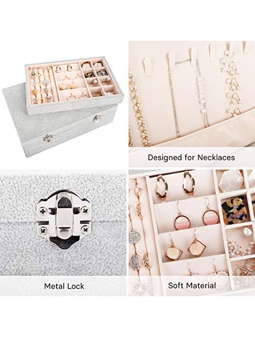Mebbay 2 Layer Velvet Jewelry Box with lid Jewelry Organizer with Lock for Necklace Earrings Bracelets Rings, Grey