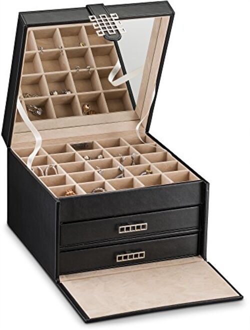 Glenor Co Extra Large Jewelry Box Organizer - 42 Slot Classic Holder w Modern Closure, Drawer, Big Mirror & 4 Trays for Women - Black