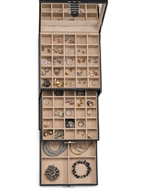 Glenor Co Extra Large Jewelry Box Organizer - 42 Slot Classic Holder w Modern Closure, Drawer, Big Mirror & 4 Trays for Women - Black