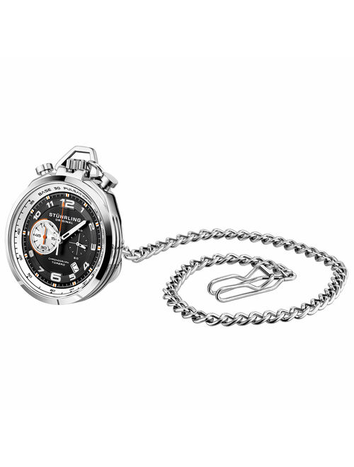Stuhrling Mens Pocket Watch with stand, Stainless Steel and Black IP Case with Black Dial