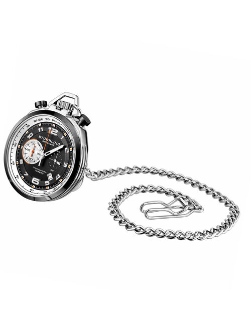 Stuhrling Mens Pocket Watch with stand, Stainless Steel and Black IP Case with Black Dial