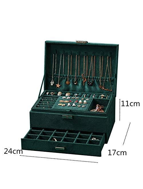 ZUZOOQ Women Jewelry Organizer Box, 3-Layer Velvet Jewelry Boxes Display Storage Case with Lock for Rings Necklace Earrings, Green