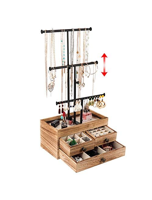 X-cosrack Jewelry Tree Stand Organizer 3 Tier Metal Jewelry Holder Stand with Wood Basic Storage Box, Adjustable Height Holder Display for Necklaces Earrings Bracelets an