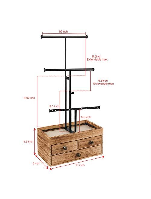 X-cosrack Jewelry Tree Stand Organizer 3 Tier Metal Jewelry Holder Stand with Wood Basic Storage Box, Adjustable Height Holder Display for Necklaces Earrings Bracelets an