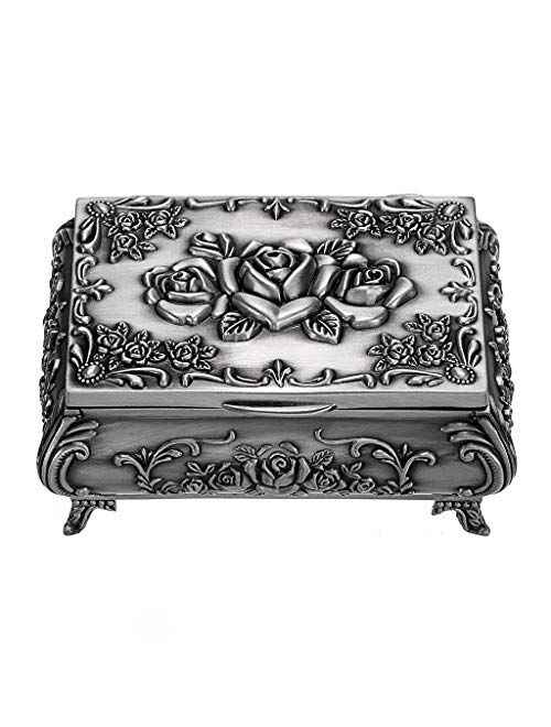 Hipiwe Vintage Metal Jewelry Box Small Trinket Jewelry Storage Box for Rings Earrings Necklace Treasure Chest Organizer Antique Jewelry Keepsake Gift Box Case for Girl Wo