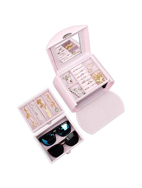 Homde Girls Jewelry Box Pink Storage Case Organizer Faux Leather with Mirror