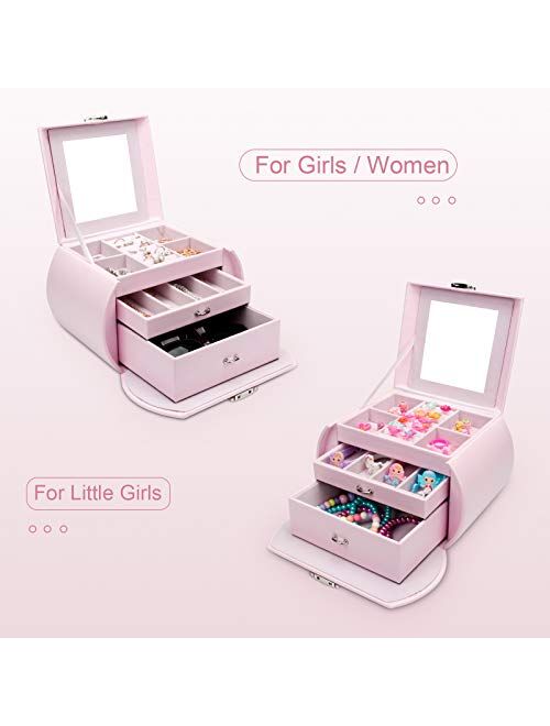 Homde Girls Jewelry Box Pink Storage Case Organizer Faux Leather with Mirror