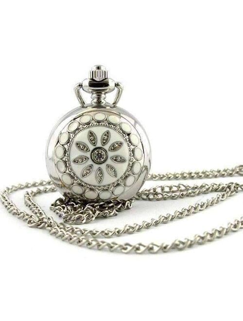 White Pearl Flower Vintage Style Mini Pocket Watch Necklace For Woman