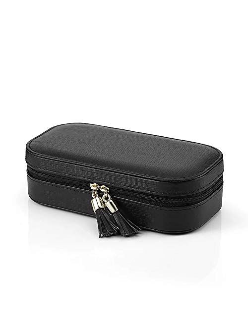 Vlando Small Travel Tassel Jewelry Box Organizer - Woman Girls Faux Leather Jewelries Storage Holder for Necklaces Earrings Rings, Black