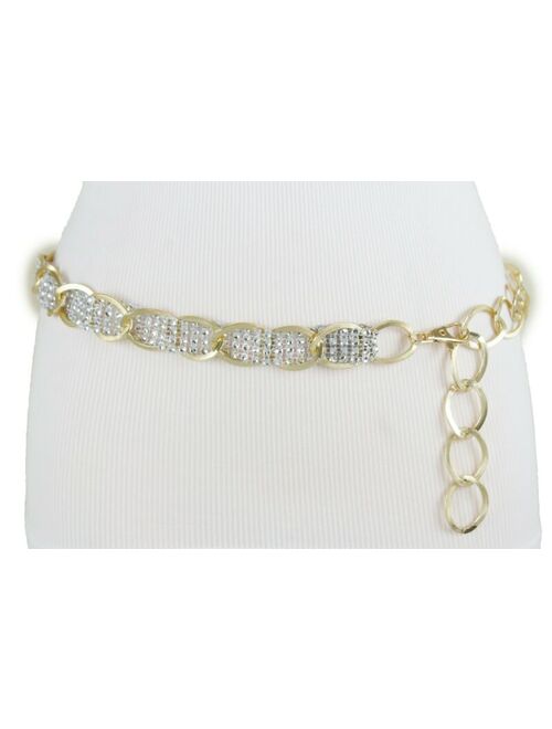 Women Gold Metal Chain Link Fancy Look Fashion Belt Silver Bling Beads M L XL