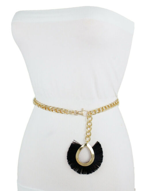 Women Dressy Fashion Belt Gold Metal Chain Dressy Black Fabric Charm Size M L XL
