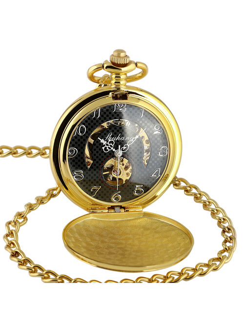 Hand-winding Black Dial Mechanical Pocket Watch Gold White Hollow Hands