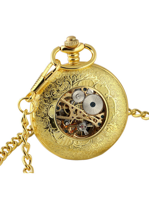 Hand-winding Black Dial Mechanical Pocket Watch Gold White Hollow Hands