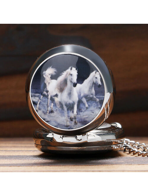 Retro Fashion Running Horse Design Quartz Pocket Watch Clock Necklace Pendant Chain for Women Men Gifts Relogio De Bolso