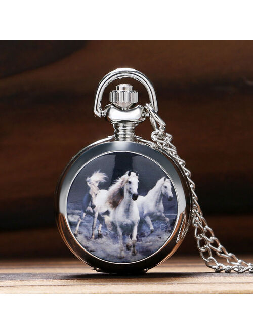 Retro Fashion Running Horse Design Quartz Pocket Watch Clock Necklace Pendant Chain for Women Men Gifts Relogio De Bolso