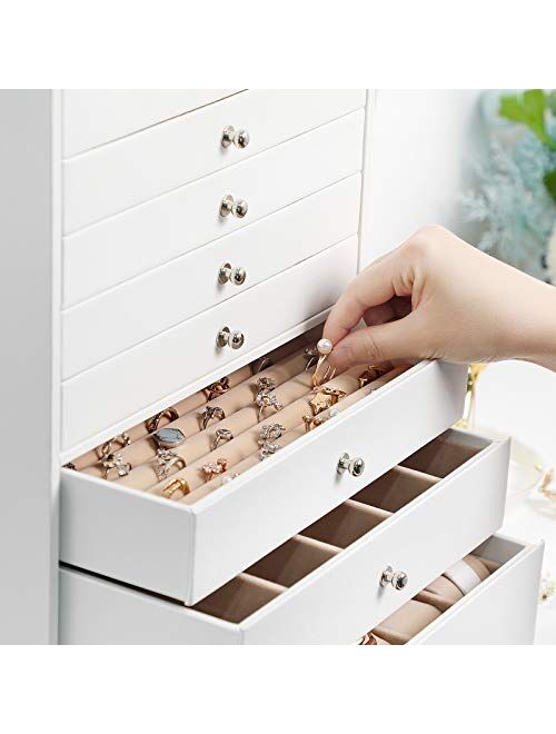 SONGMICS Jewelry Box, 8-Layer Large Jewelry Case, Ideal for Necklaces, Earrings, Sunglasses, Bracelets, Watches, White UJBC11WT