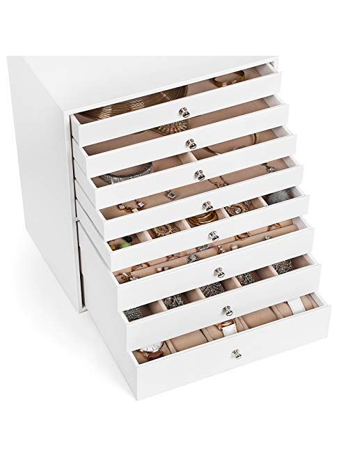 SONGMICS Jewelry Box, 8-Layer Large Jewelry Case, Ideal for Necklaces, Earrings, Sunglasses, Bracelets, Watches, White UJBC11WT