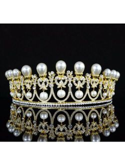 Pearls Drop Austrian Crystal Rhinestone Tiara Crown Bridal Prom Wedding T63g