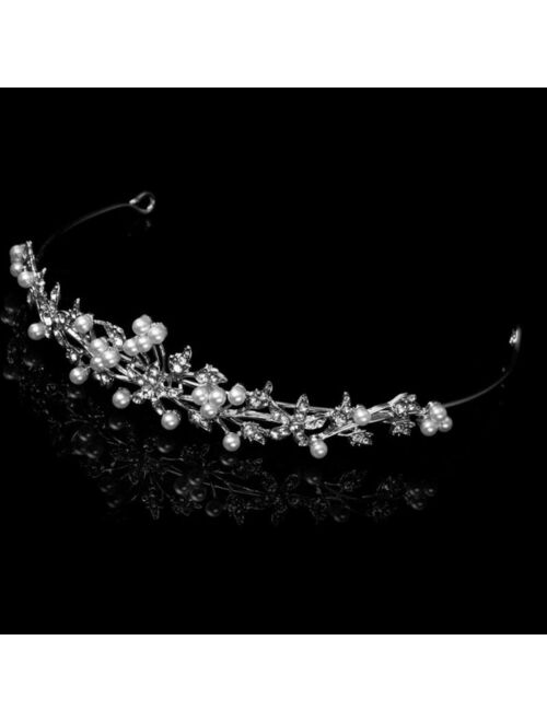 Bridal Tiara Crown Silver With Rhinestone Flowers Accented With Mini Pearls