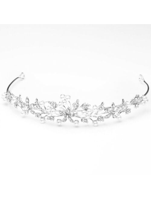 Bridal Tiara Crown Silver With Rhinestone Flowers Accented With Mini Pearls