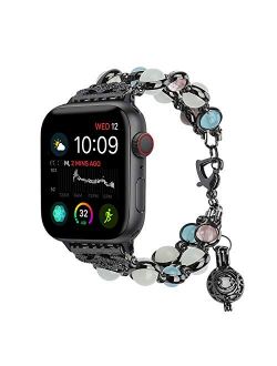 TILON For Apple Watch Band 38mm/40mm 42mm/44mm Series 6 5 4 3 2 1&SE, Adjustable Wristband Handmade Night Luminous Pearl iWatch Bracelet with Essential Oil/Perfume Storag