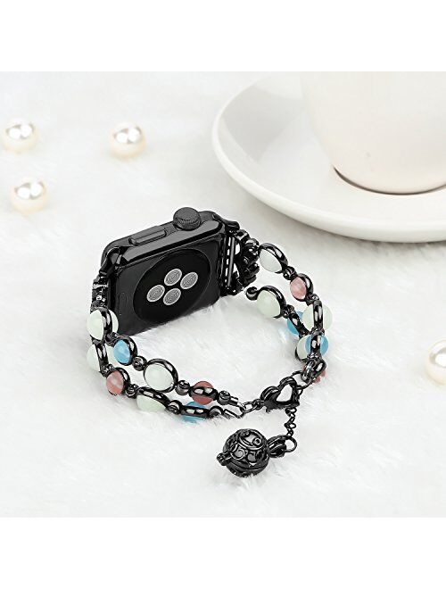 TILON For Apple Watch Band 38mm/40mm 42mm/44mm Series 6 5 4 3 2 1&SE, Adjustable Wristband Handmade Night Luminous Pearl iWatch Bracelet with Essential Oil/Perfume Storag
