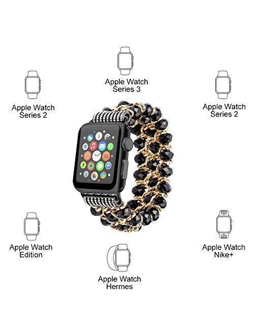 fohuas Compatible for Apple Watch Bracelet 38mm 40mm, Crystal Rose Gold Beads Iwatch Band with Metal Chain Women Girls Elastic Pearl Strap for iPhone Watch Series SE 6 5 
