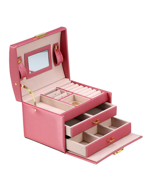 Walfront 3-Layer Girls Leather Jewelry Box and Watch Organizers, Lockable, Mirror, Pink