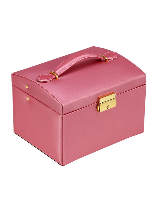Walfront 3-Layer Girls Leather Jewelry Box and Watch Organizers, Lockable, Mirror, Pink