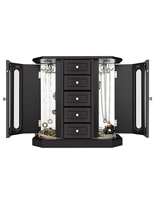 RR ROUND RICH DESIGN Jewelry Box - Made of Solid Wood with Cabinet Type 5 Drawers Organizer and 2 Separated Open Doors on 2 Sides and Large Mirror White