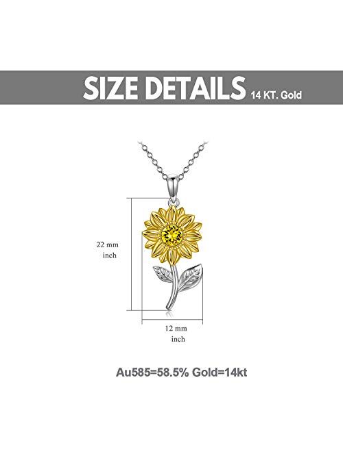 14K Real Gold Sunflower Necklace for Women, You Are My Sunshine Gold Sunflower Pendant Necklace with Crystal Birthday Anniversary Jewelry Gifts for Mom, Wife, Girlfriend 