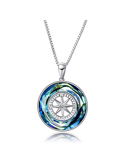 AOBOCO Compass Necklace Sterling Silver Circle Pendant Necklace with Color-changed Crystal, Birthday Graduation Jewelry Gift for Women Men Girls