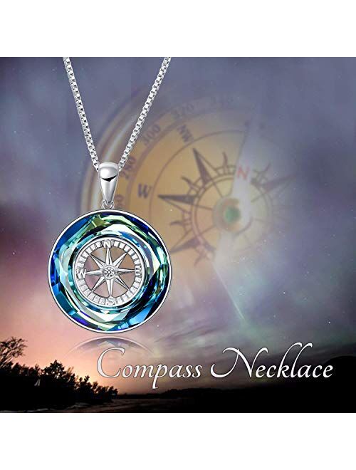 AOBOCO Compass Necklace Sterling Silver Circle Pendant Necklace with Color-changed Crystal, Birthday Graduation Jewelry Gift for Women Men Girls