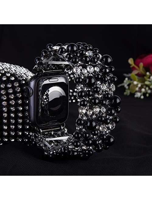Vikoros Bracelet Compatible with Apple Watch Band 38mm 40mm 42mm 44mm Iwatch Series 5 4 3 2 1 for Women Girls, Bling Dressy Elastic Stretch Pearl Bangle Jewelry Rhineston