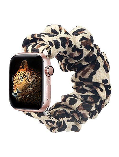 BMBMPT Scrunchie Elastic Watch Band Compatible with Apple Watch Band 38mm 40mm 42mm 44mm Cloth Soft Pattern Printed Fabric Wristband for iWatch Series 5,4,3,2,1 (A-Leopar