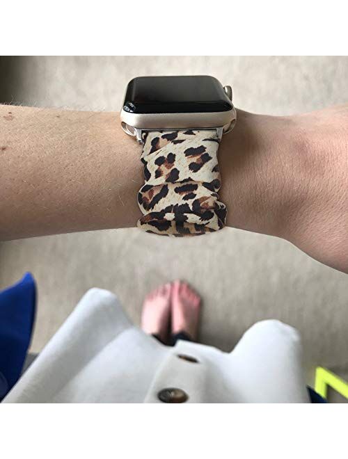 BMBMPT Scrunchie Elastic Watch Band Compatible with Apple Watch Band 38mm 40mm 42mm 44mm Cloth Soft Pattern Printed Fabric Wristband for iWatch Series 5,4,3,2,1 (A-Leopar