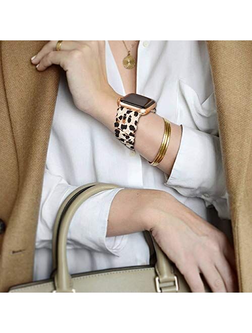 BMBMPT Scrunchie Elastic Watch Band Compatible with Apple Watch Band 38mm 40mm 42mm 44mm Cloth Soft Pattern Printed Fabric Wristband for iWatch Series 5,4,3,2,1 (A-Leopar