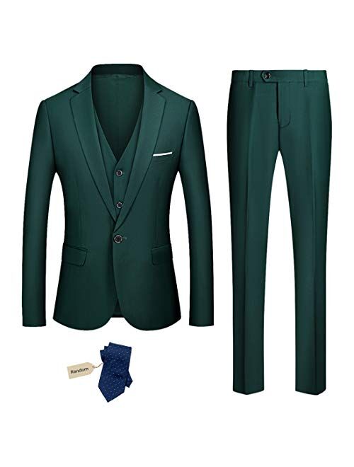 YND Men's Slim Fit 3 Piece Suit Set, One Button Solid Blazer Vest Pants with Tie