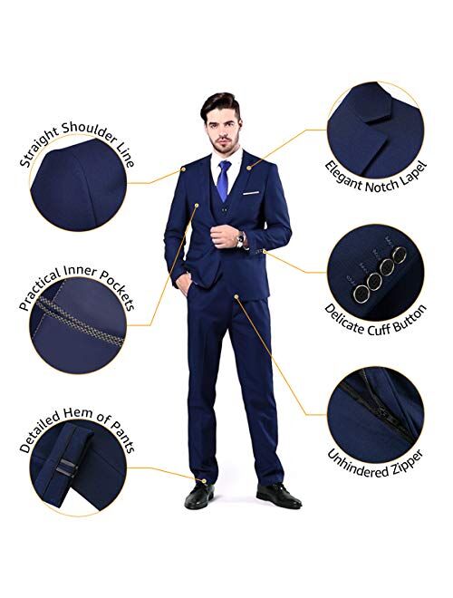 YND Men's Slim Fit 3 Piece Suit Set, One Button Solid Blazer Vest Pants with Tie