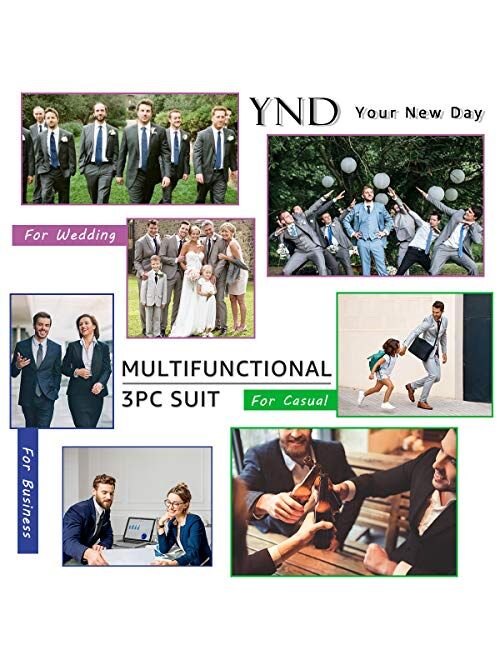 YND Men's Slim Fit 3 Piece Suit Set, One Button Solid Blazer Vest Pants with Tie