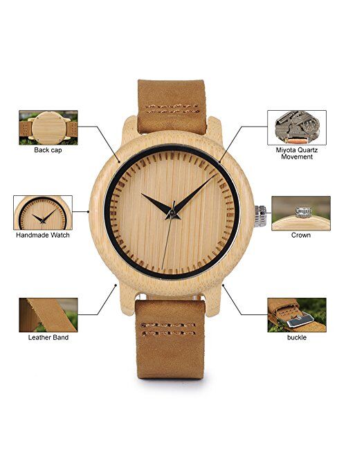 BOBO BIRD Women's Bamboo Wooden Watch with Brown Cowhide Leather Strap Analog Quartz Casual Watches