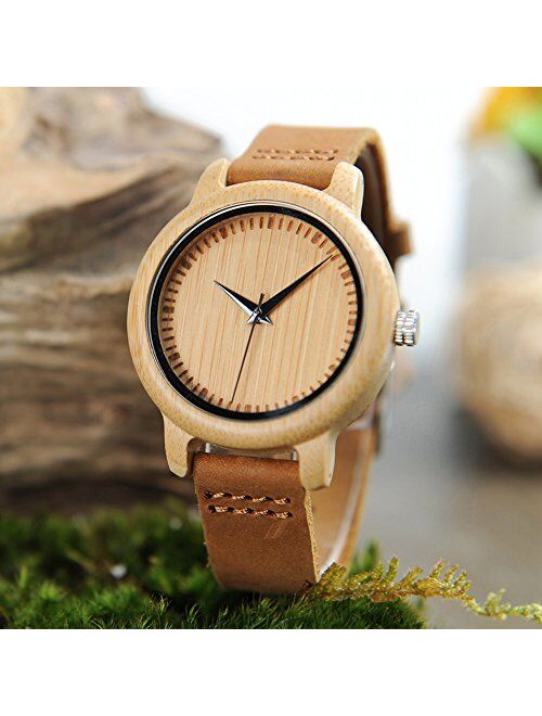 BOBO BIRD Women's Bamboo Wooden Watch with Brown Cowhide Leather Strap Analog Quartz Casual Watches