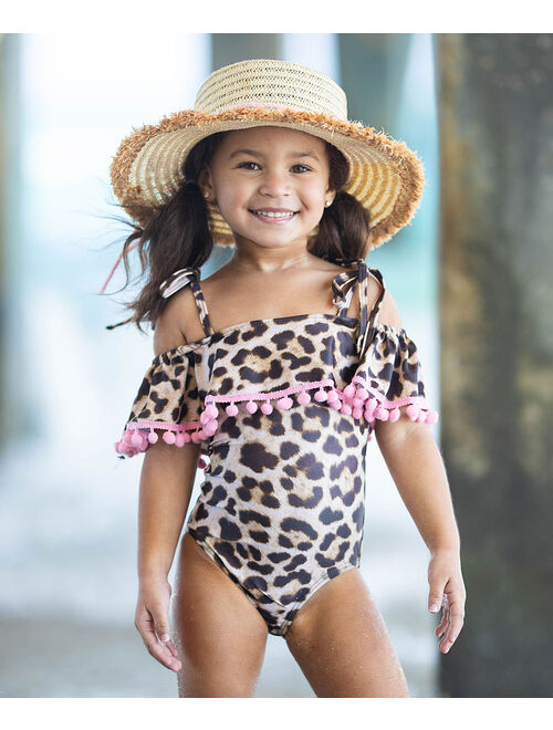 Pink Leopard Ruffle Pom-Pom Off-Shoulder One-Piece - Toddler & Girls