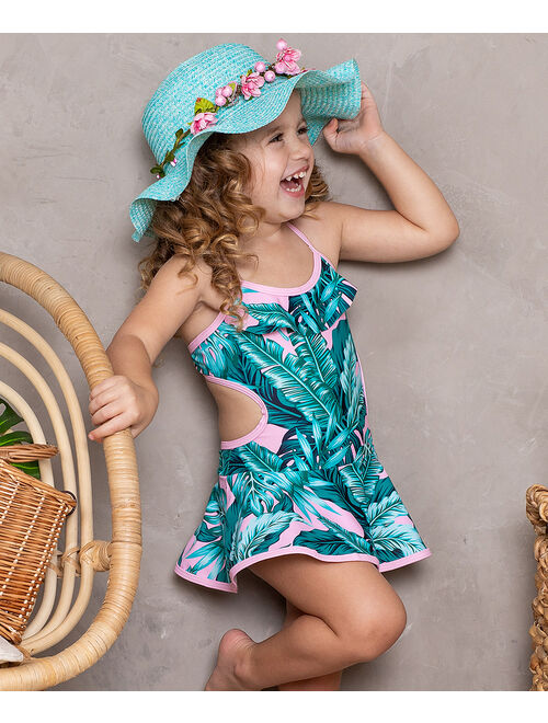Pink & Green Tropical Leaf Side-Cutout Skirted One-Piece - Toddler & Girls